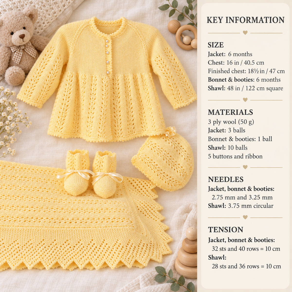 Baby Lace Matinee jacket - Bonnet- Bootees -Shawl fits chest 16 inches Knitting pattern