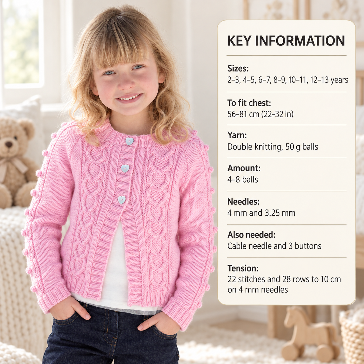 Girls Cable- Bobble DK-8PLY Cardigan Knitting pattern- PDF Download- Raglan sleeves- Light worsted age 2-13 years