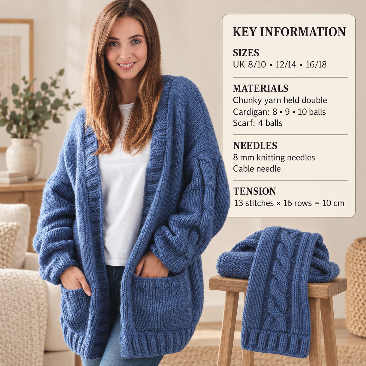 Longline Slouchy Boyfriend Cardigan V Neck Jacket Cable Pockets & Scarf 43 - 53" ~ Chunky Bulky Wool 12 Ply Knitting Pattern PDF Download
