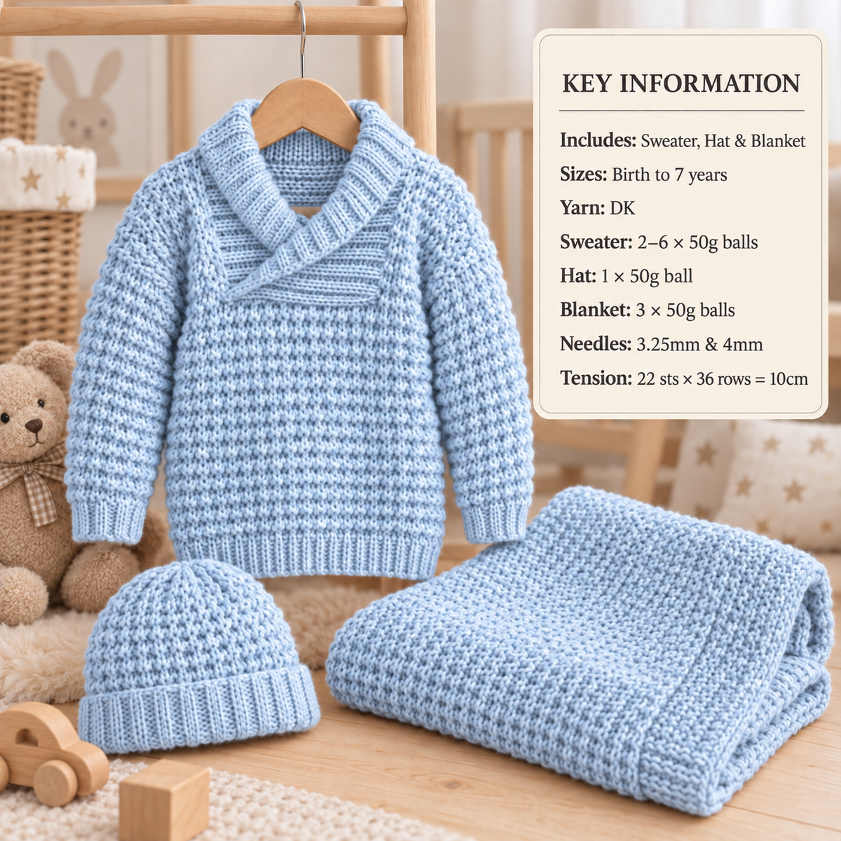 Child's Easy Knit Long or short shawl collared Jumper and Hat, with Blanket Knitting pattern- DK (8ply) 16-26" (0-7 years)Download PDF