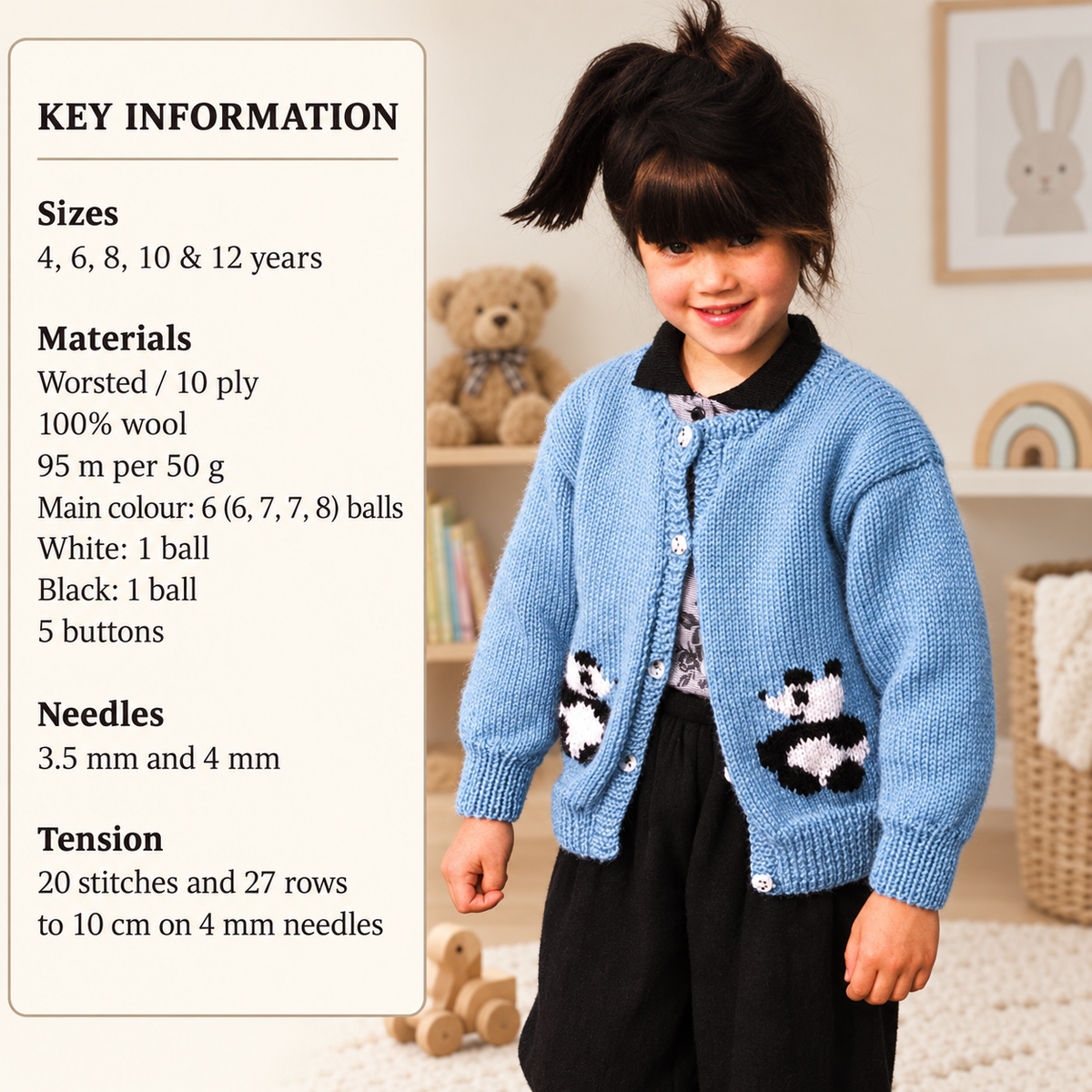Round Neck Panda Motif Cardigan -Childs Cardigan- sizes  age 4 12 years- Aran 10 ply Worsted yarn needed-Knitting Pattern pdf Download