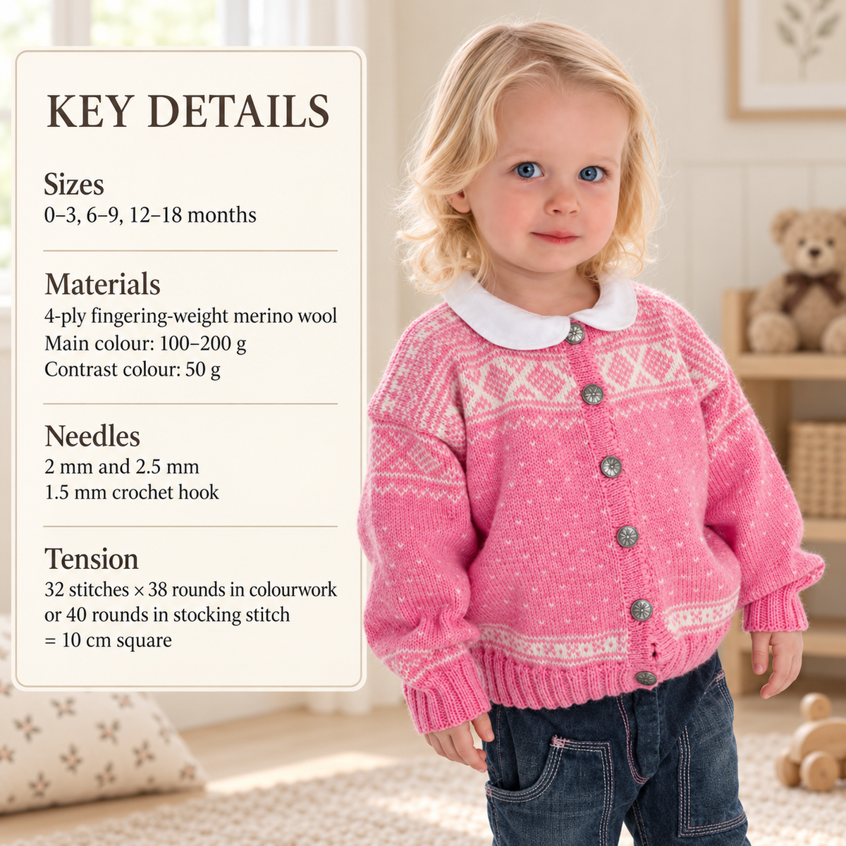 Girl's Scandinavian style Cardigan ( Fair Isle) Knitting Pattern (4Ply) Fingering  Birth- 18 Months