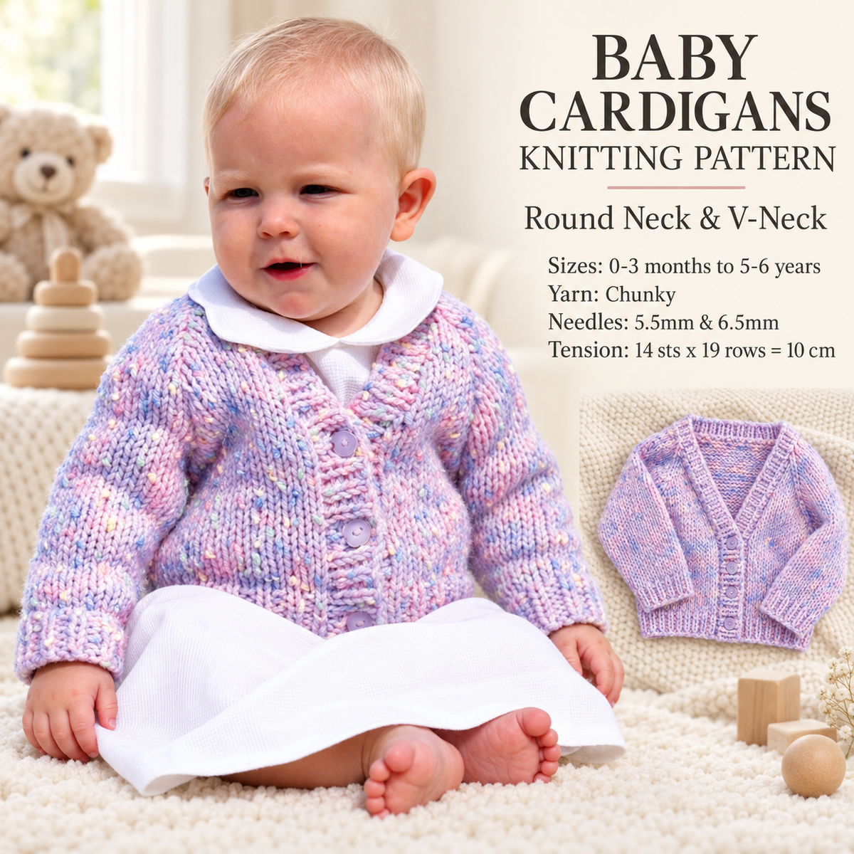 Easy Beginners Raglan Cardigans- Chunky Bulky 12 Ply wool- Round Neck V Neck Knitting pattern download PDF- 16" - 26" (0-6 years)