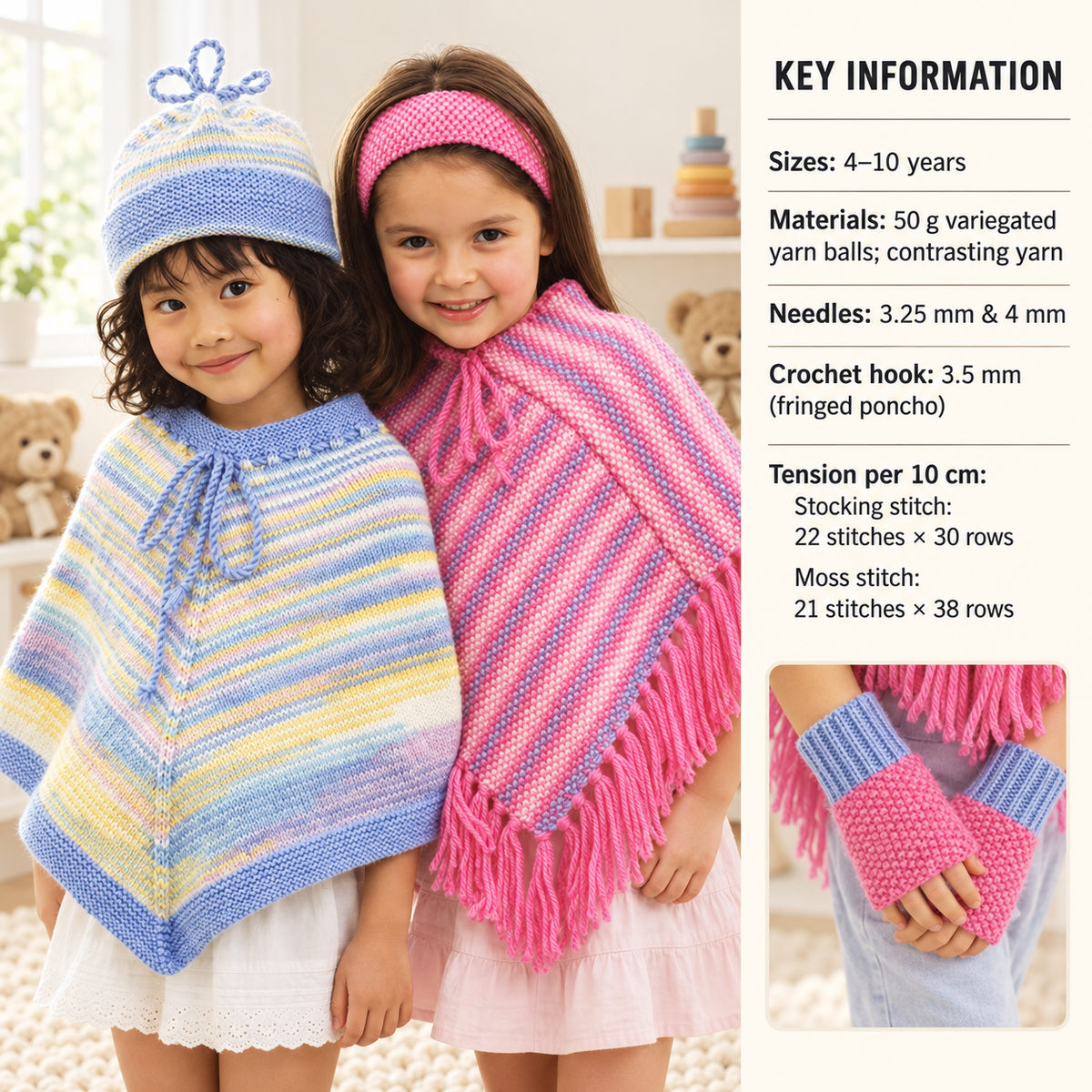 Girl's Poncho's Beanie Hat, headband & Fingerless gloves Fringed, DK 8Ply Light worsted wool size 4 - 10 years Knitting Pattern Download PDF