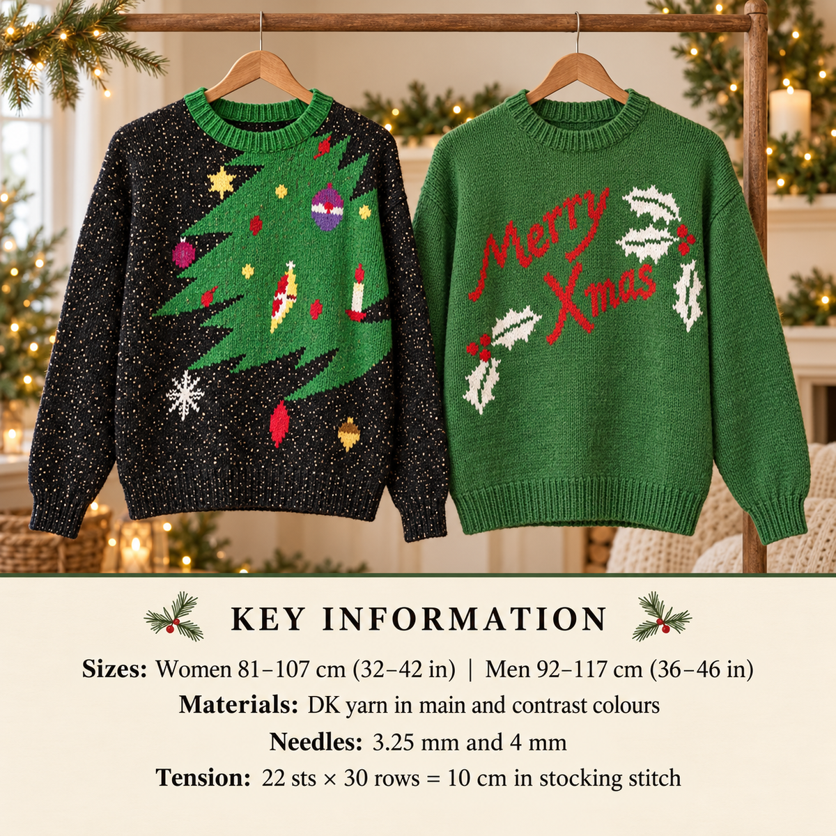 Woman's  & Mans Christmas Sweater-Jumpers 32"-46" Sweater in DK- 8 ply Light worsted wool Knitting Pattern PDF  download