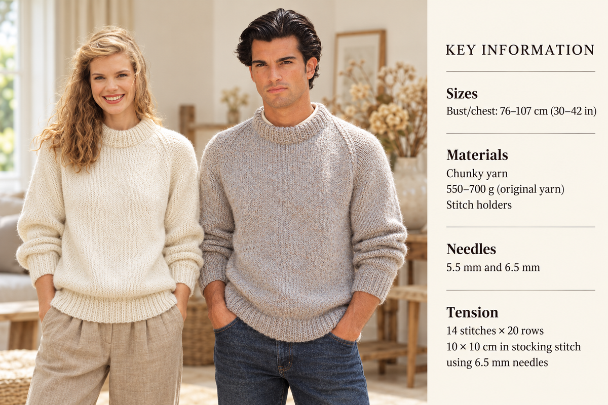 Man & Womans Easy Raglan Round Neck sweater Chunky- Bulky 12ply yarn- 30-42" chest Knitting pattern Download PDF- Knits up quick- Easy