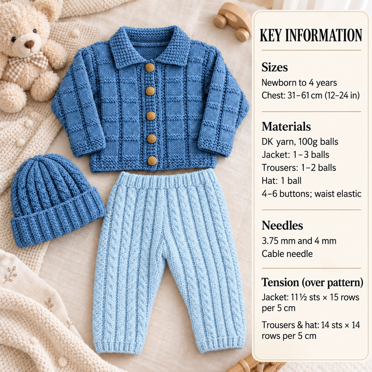 Baby Easy Jacket-Cardigan with collar -Ribbed trousers & Hat - Premature 12" -24" DK- 8Ply Light worsted-  Download PDF Knitting Pattern