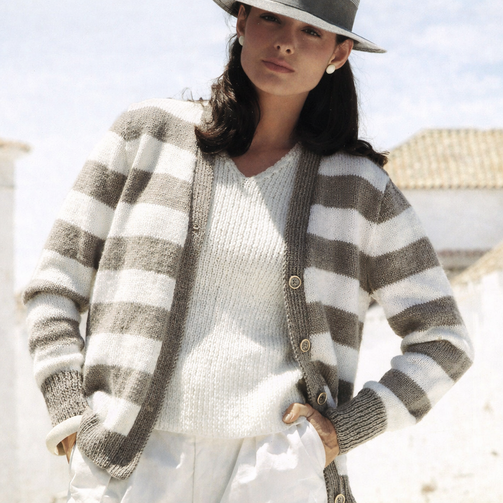 Vintage Ladies Twinset Knitting Pattern Striped Cardigan V Neck Sweater 34–40"
