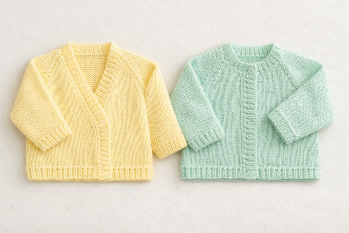 Baby  Cardigan Knitting Pattern – Plain Raglan  knit with hat & Blanket DK 8 Ply (0-18 Months)