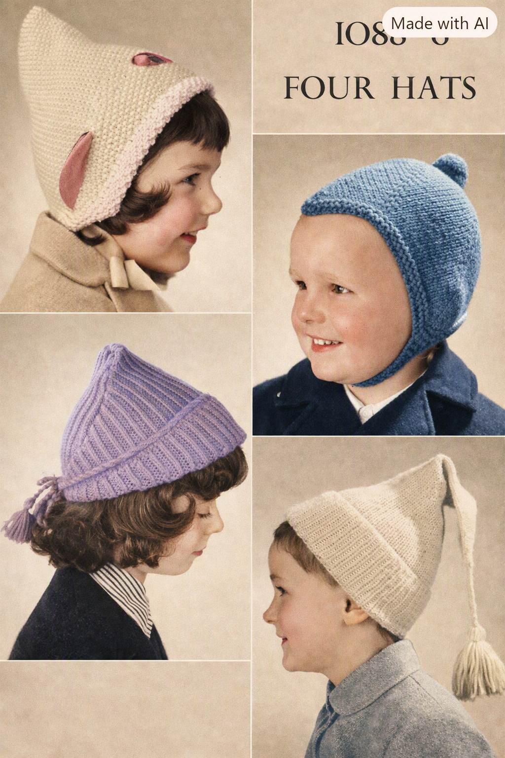 Vintage Patons 1088 Knitting Pattern – 4 Children’s Hats in DK – PDF