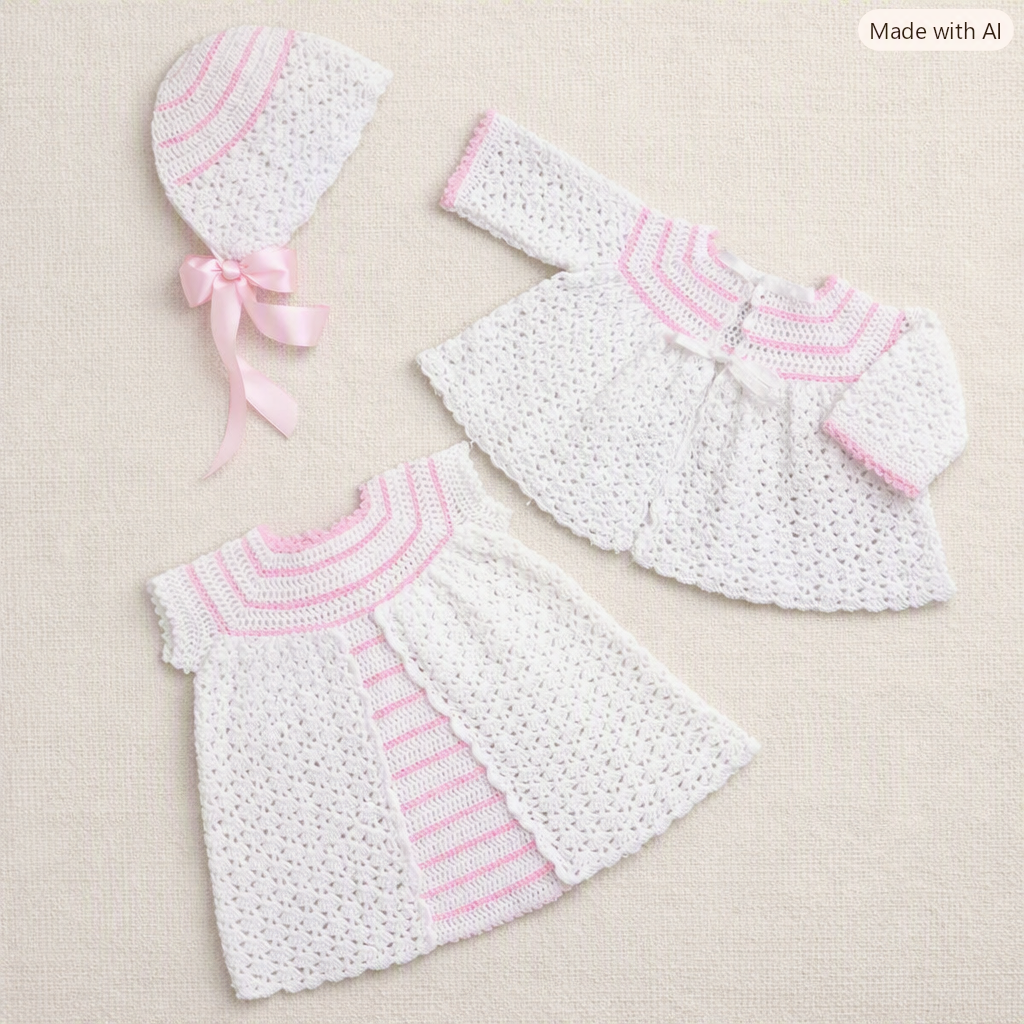 Baby Crochet Pattern Dress Coat & Bonnet Set 3 Ply 18” PDF