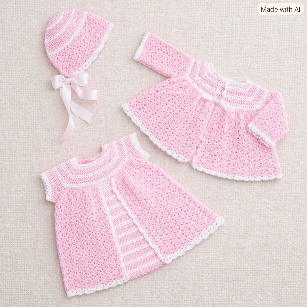 Baby Crochet Pattern Dress Coat & Bonnet Set 3 Ply 18” PDF
