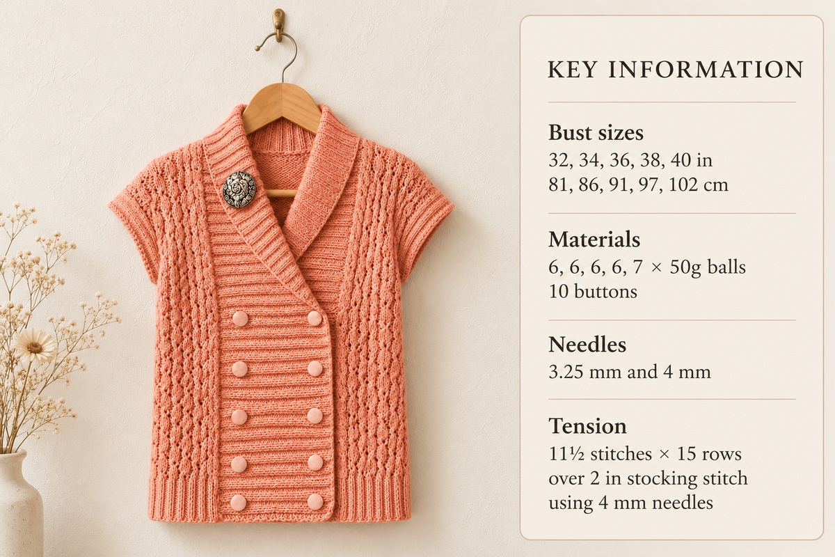 Womens Double Breasted Waistcoat with shawl collar & cap sleeves  32"- 40" DK 8 Ply Light Worsted Wool Knitting Pattern PDF download