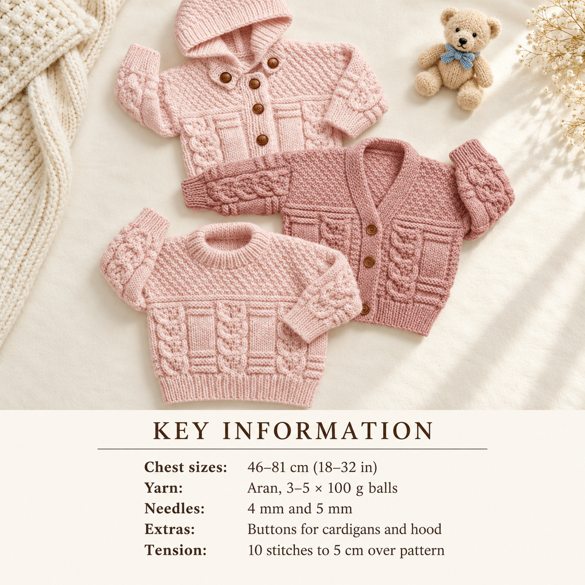 Boys Girls Hooded Jacket Cable Sweater & Cardigan Knitting Pattern  Worsted/ Aran/ 10ply 18 - 32"