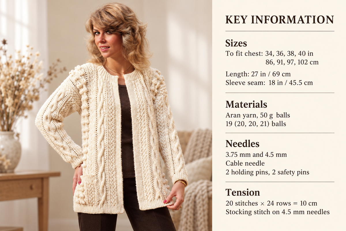 Woman's  winter aran cable jacket edge to edge ~ jacket with pockets 34"~ 40" ~ aran ~ 10 ply wool needed ~ knitting pattern pdf  download
