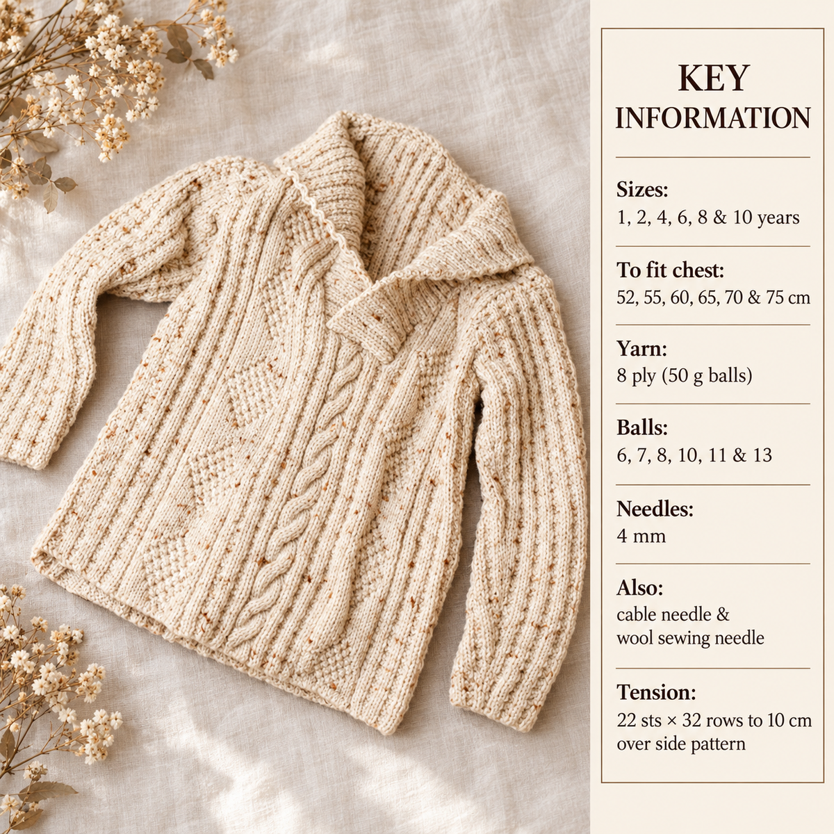 Child's Cable Cardigan-shawl collar Jacket Boy- Girl 1-10 years
