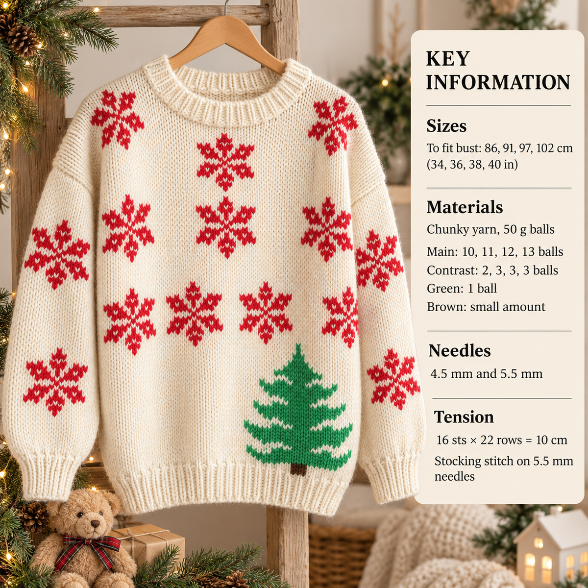 Christmas Sweater Knitting Pattern, Snowflake Tree, Chunky 12 Ply Wool (PDF Download)