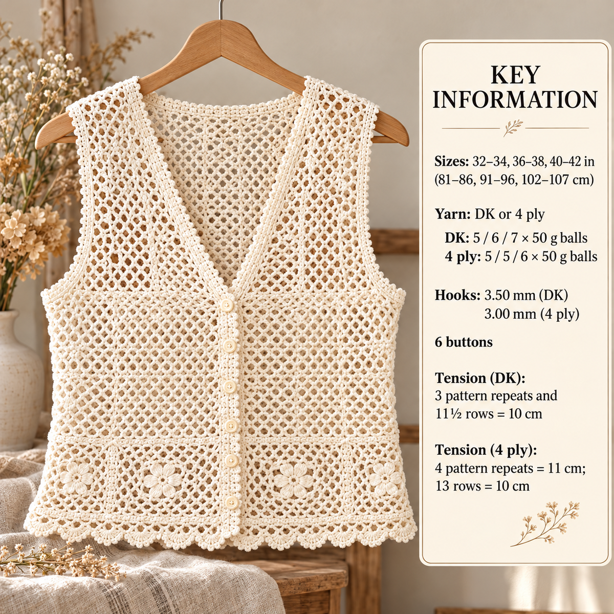Woman's * easy crochet * v neck waistcoat *with motif border* crochet pattern * 36 to 42 inches* double knit wool or 4 ply * download*pdf