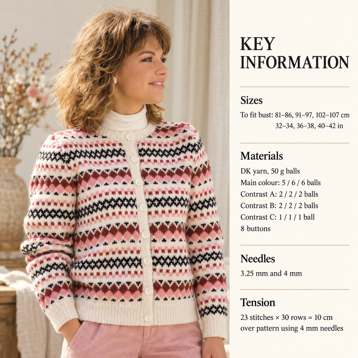 Woman's  Fair Isle cardigan- Round neck  32"-42"~  DK 8ply - Knitting Pattern Download PDF Ladies long sleeved winter knitting pattern