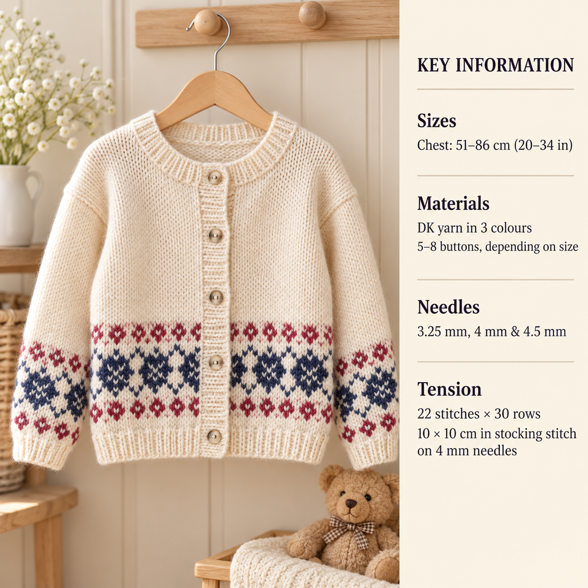 Girls Easy fair isle border Round Neck cardigan- Knitting pattern- DK Wool-8 ply- Light worsted -chest 20-34" Download PDF