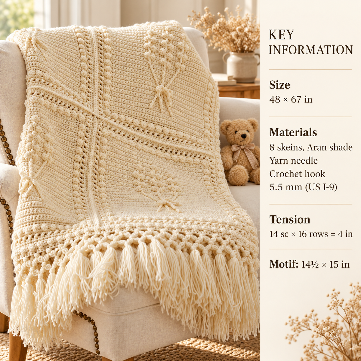 Vintage Crochet Blanket Afghan Bobble Flowers - Worsted Aran 10Ply Yarn ~ Crochet Pattern PDF Download