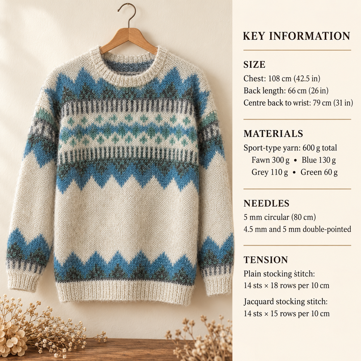 Mans Fair Isle Norwegian Sweater Round Neck  Up to 42" ~ PDF Knitting Pattern Download- with Chart Chunky Bulky 12 ply-Jacquard knit vintage