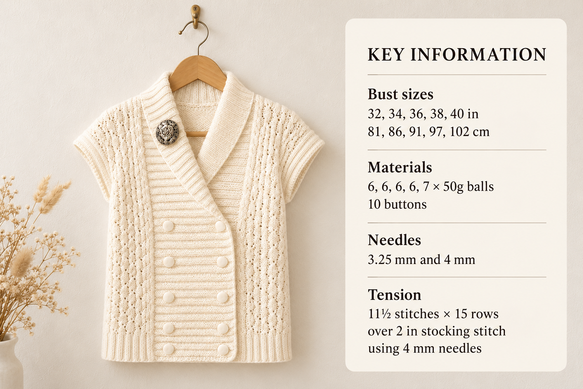 Womens Double Breasted Waistcoat with shawl collar & cap sleeves  32"- 40" DK 8 Ply Light Worsted Wool Knitting Pattern PDF download