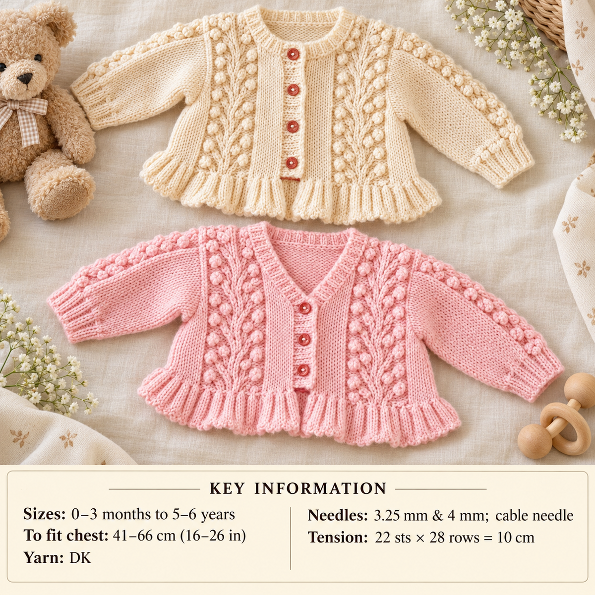 Baby Girls Peplum Frill Cardigan Knitting Pattern – DK Weight, Sizes Birth-6 Years
