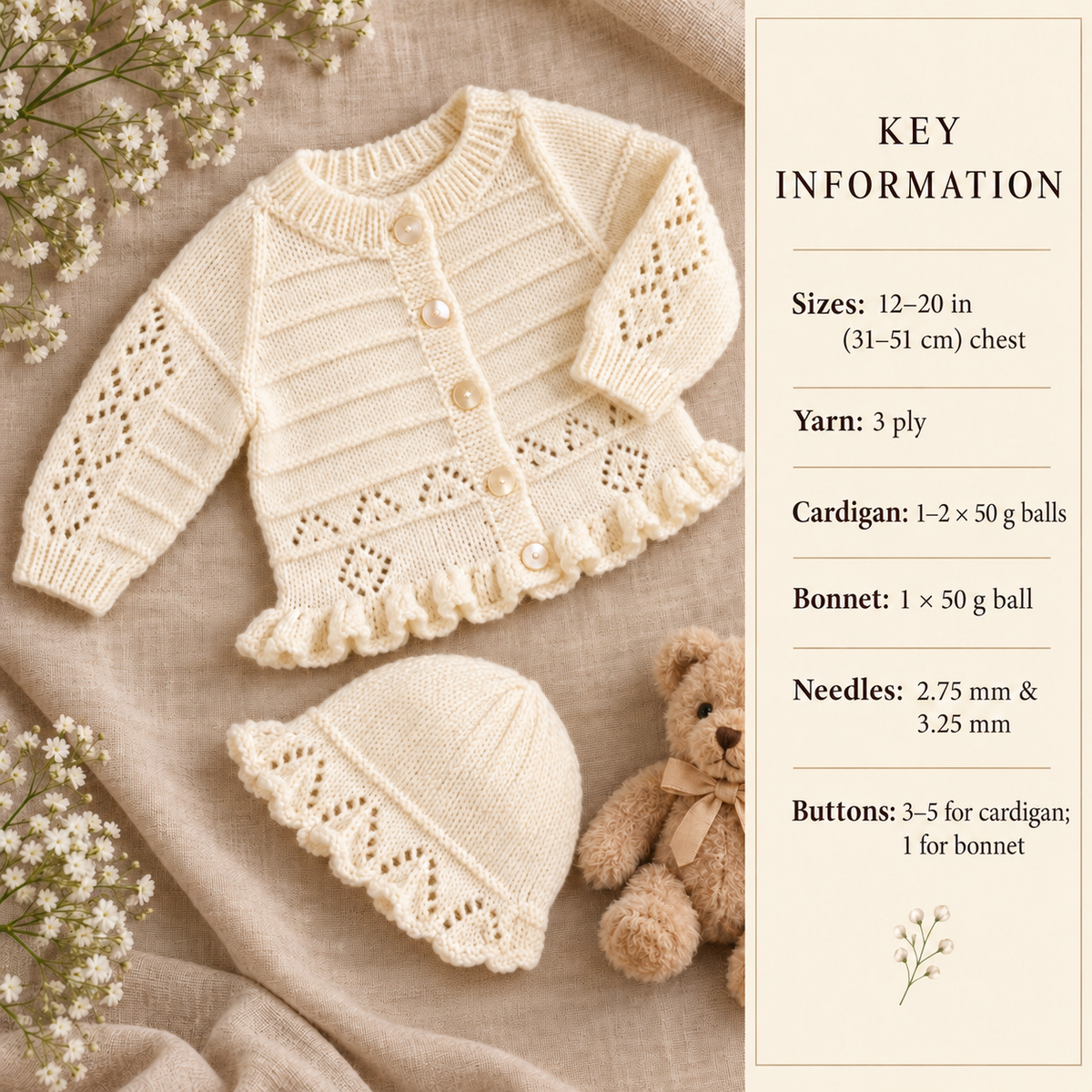 Baby Girls Diamond Border Cardigan and Hat Knitting Pattern – Frilled Edges (PDF Download)