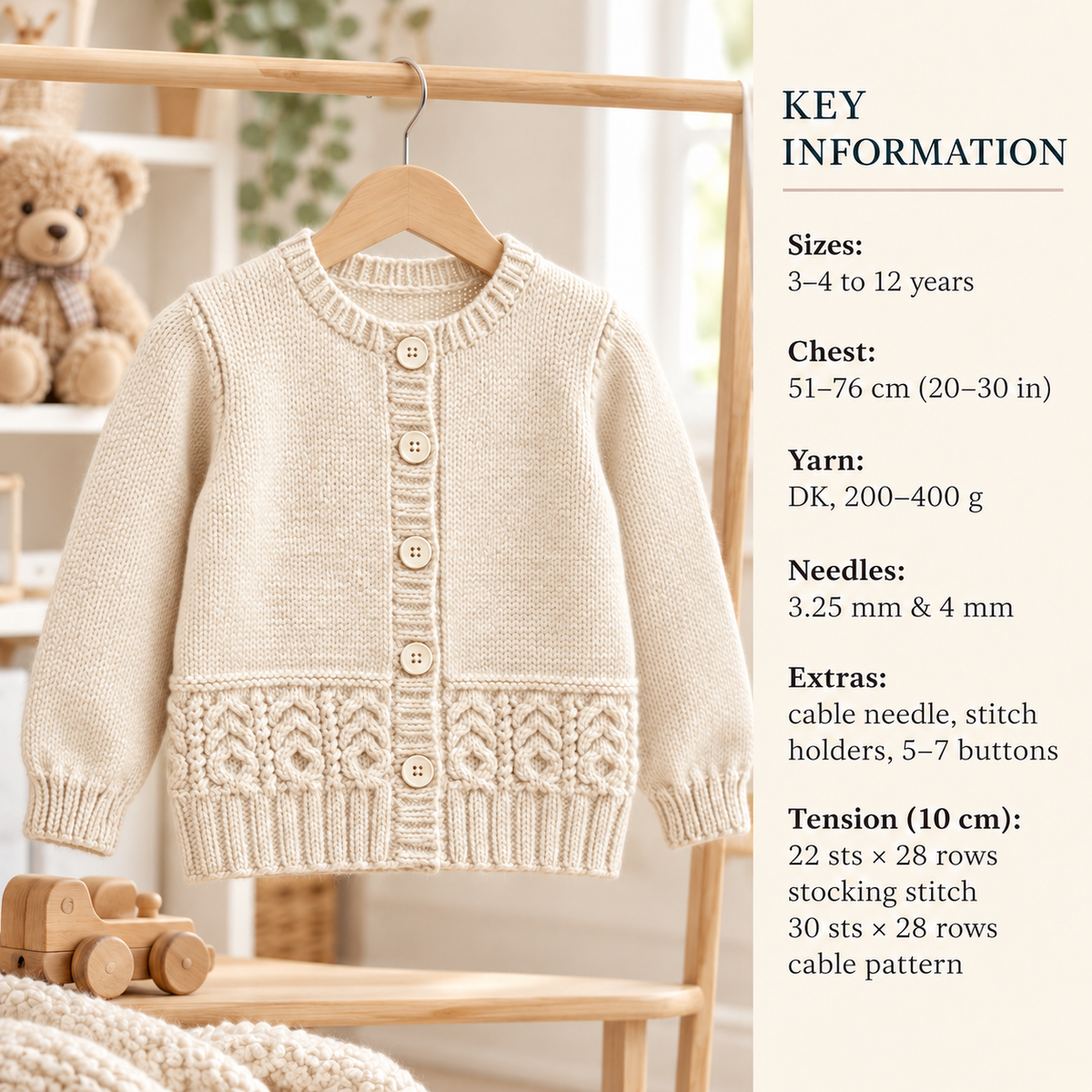 Girls Cardigan with Cable Border ~ 20 - 30'' (3 - 12 yrs) DK Wool 8ply Light Worsted Knitting Pattern