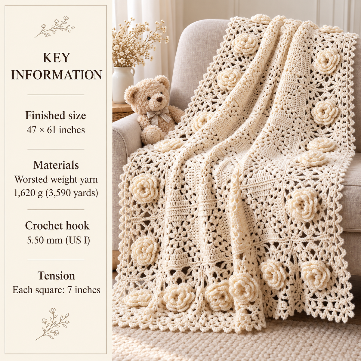 Vintage Crochet Pattern Pretty Rose Heirloom Square Afghan Blanket PDF Instant Digital Download Worsted weight wool