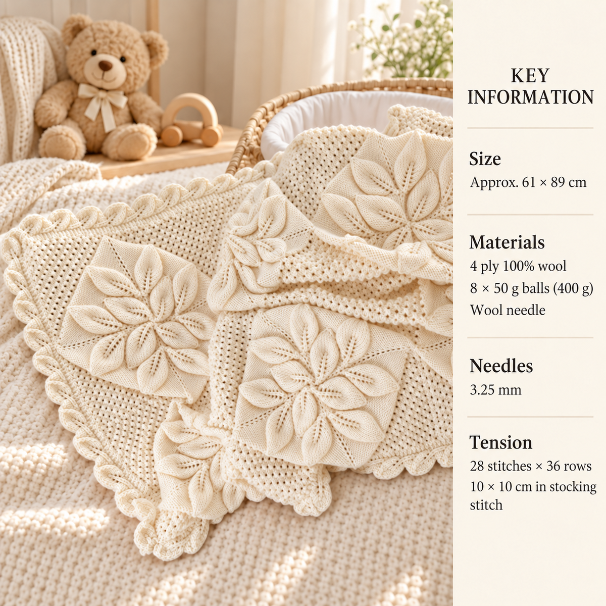 Popular Traditional Embossed leaves Baby Afghan- Blanket Cot- Pram Vintage knitting pattern in 4ply Fingering yarn 61 x 89 cm Download PDF