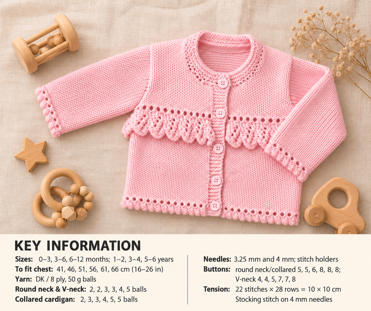 Baby Cardigan Knitting Pattern – 3 Styles, DK Weight Yarn (PDF Download)