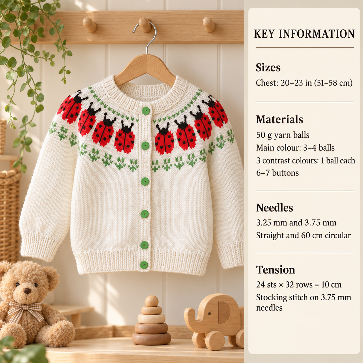 Girl's Ladybird Yoked Cardigan ( Fair Isle) Knitting Pattern DK (8Ply) 20" - 23" fits ( 6 months -3years) Instant Download PDF