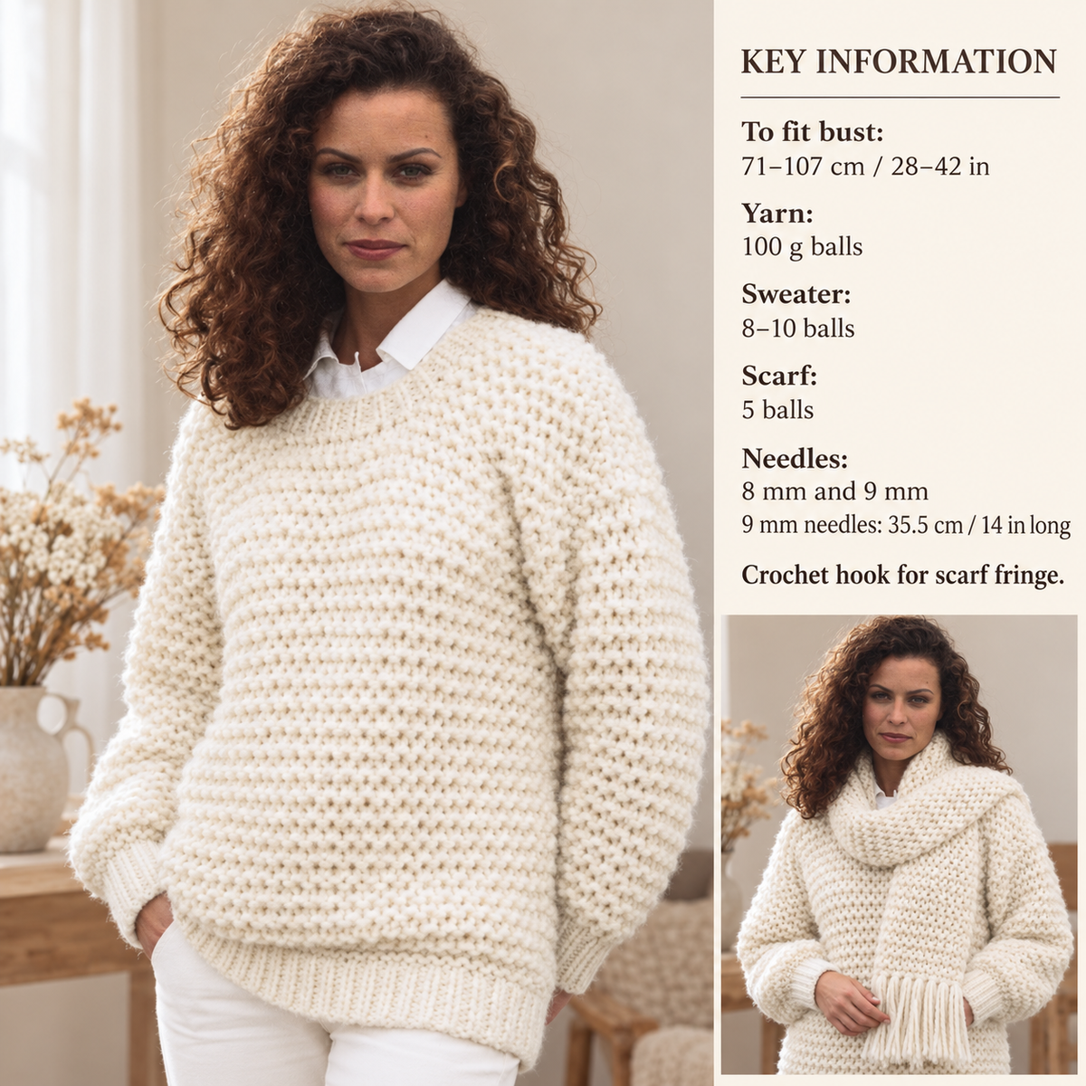 PDF Knitting Pattern Ladies Open stitch sloppy Jo sweater and scarf in Super Chunky wool- 28-42 chest