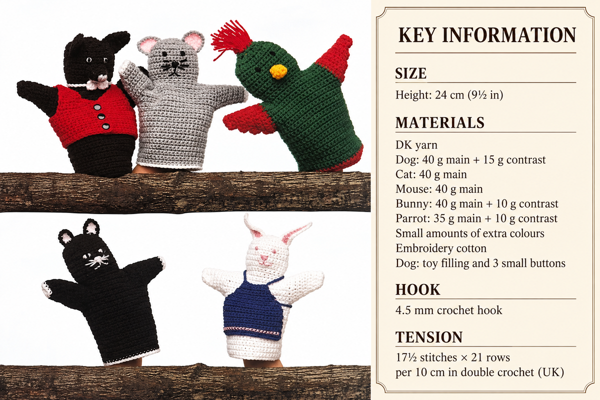 Vintage Crochet Toy Glove Puppets Pattern, Animals (PDF Download)