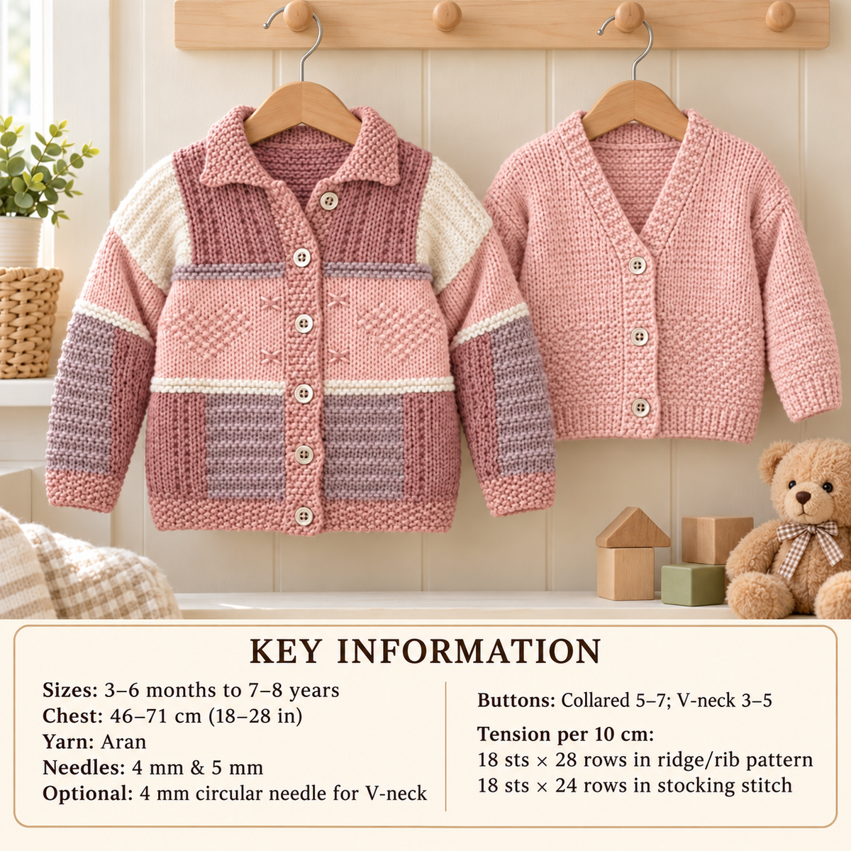 Child's Easy Knit V Neck or collared  Patchwork Cardigan Knitting pattern- Aran (10 ply) 18-28" (0-7 years) Download PDF