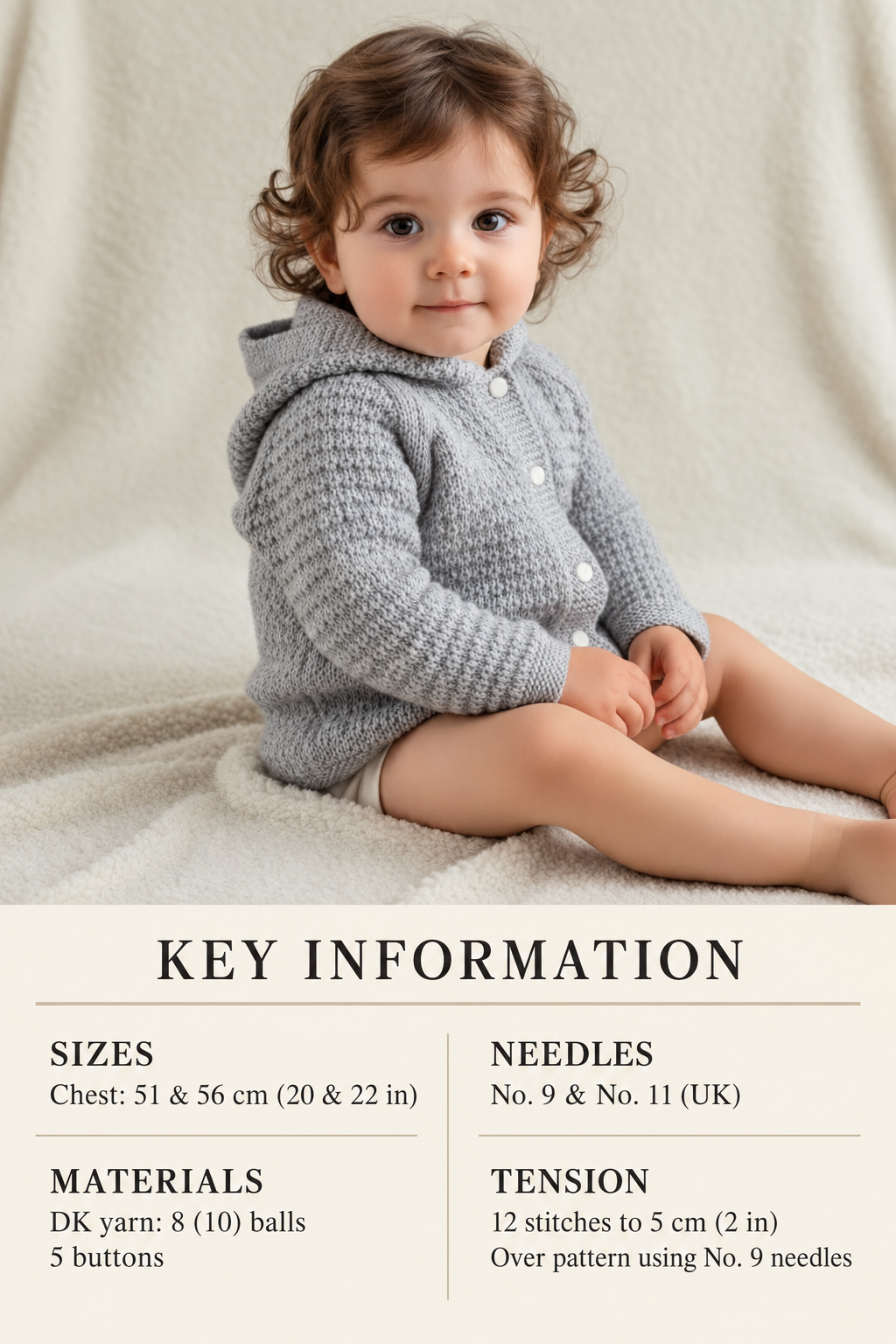 Easy Beginner Baby Hooded Jacket -Boy or Girl- DK-8ply Knitting Pattern 20-22" chest Download PDF