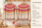 Woman's colorful Fair Isle Yoked Bobbled Sweater & Matching hat  Knits -Bust 71-117 cm DK 8 Ply   Wool PDF Download Knitting Pattern