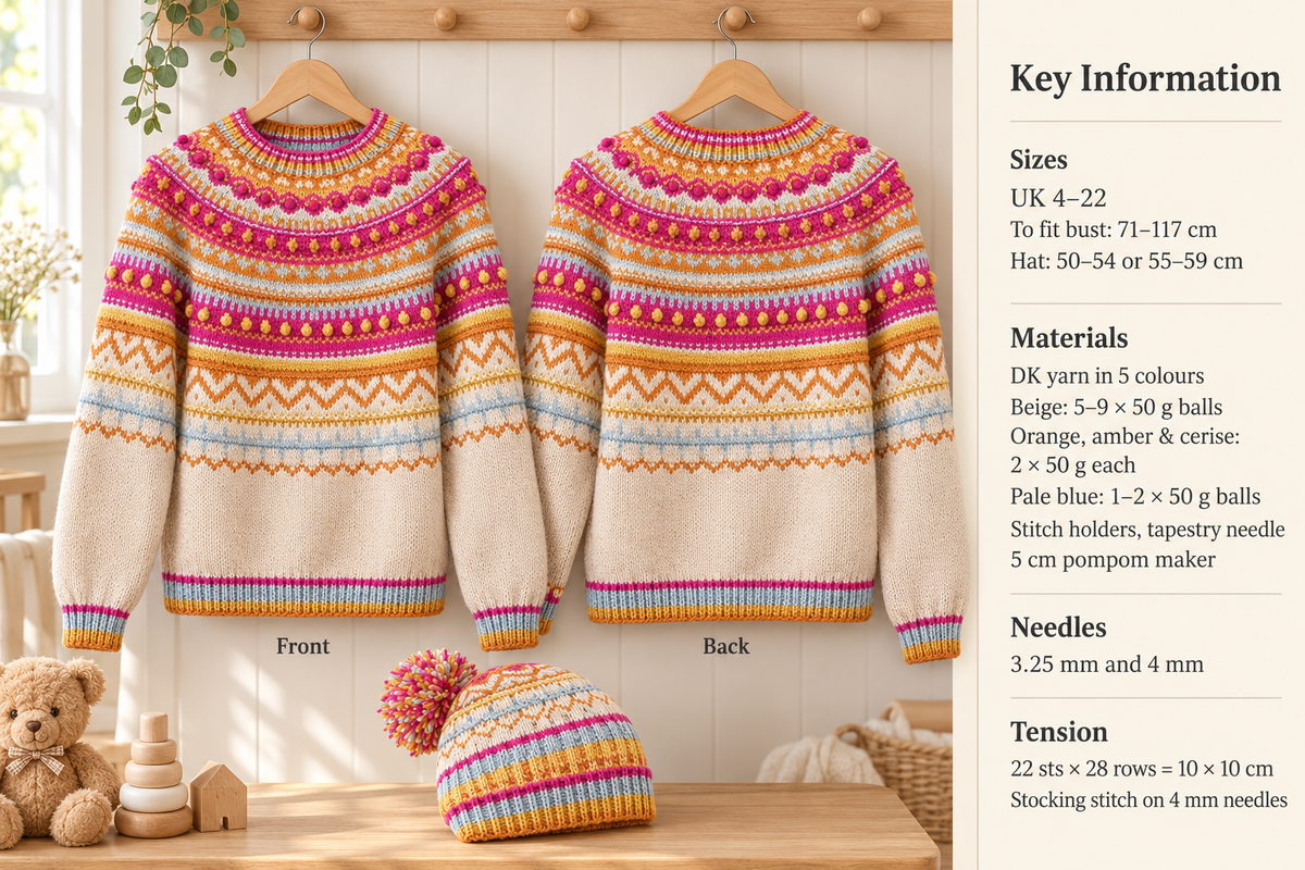 Woman's colorful Fair Isle Yoked Bobbled Sweater & Matching hat  Knits -Bust 71-117 cm DK 8 Ply   Wool PDF Download Knitting Pattern