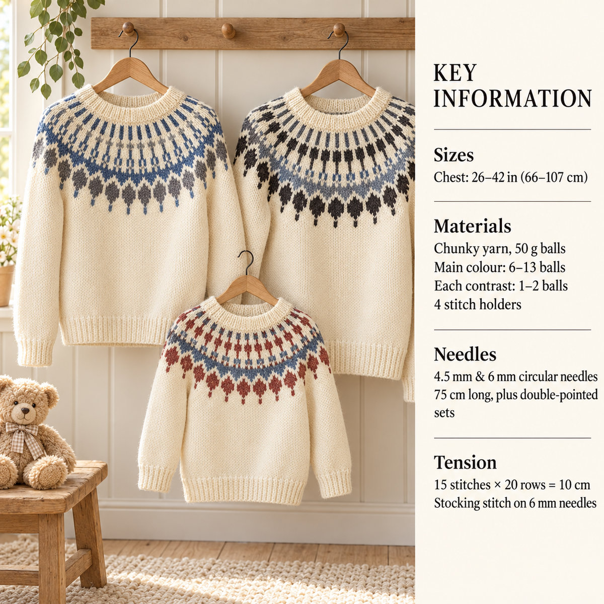 Family Yoked Icelandic style Sweaters- Knitting Pattern, Fair Isle, Women's, Men's, Children  Chunky Bulky wool -Instant Download PDF 26-42"