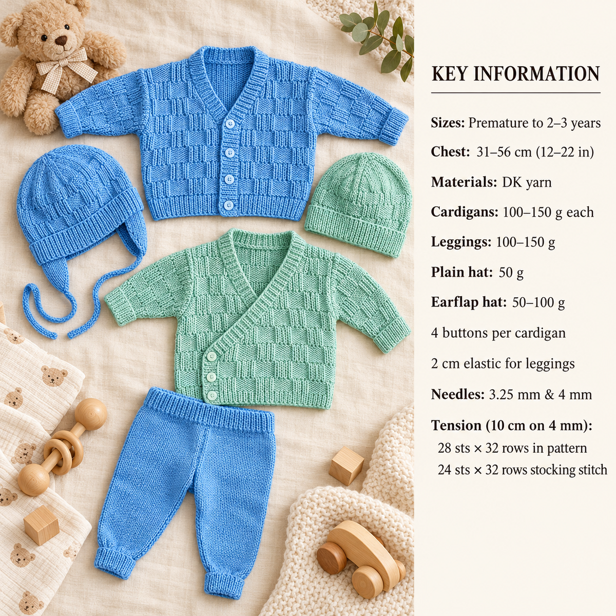 Baby Premie Wrap Cardigan~V Neck~ Trousers & Hat 12"- 22"  (Premature - 3y) DK 8Ply Light Worsted wool- Knitting Pattern Download PDF