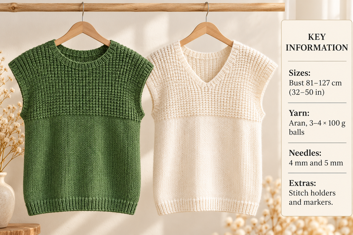 Womens Easy Beginner Round & V Neck Top Cap Sleeves Slipover Sweater Vest  30"-40" Aran 10 Ply Worsted Wool Knitting Pattern PDF download