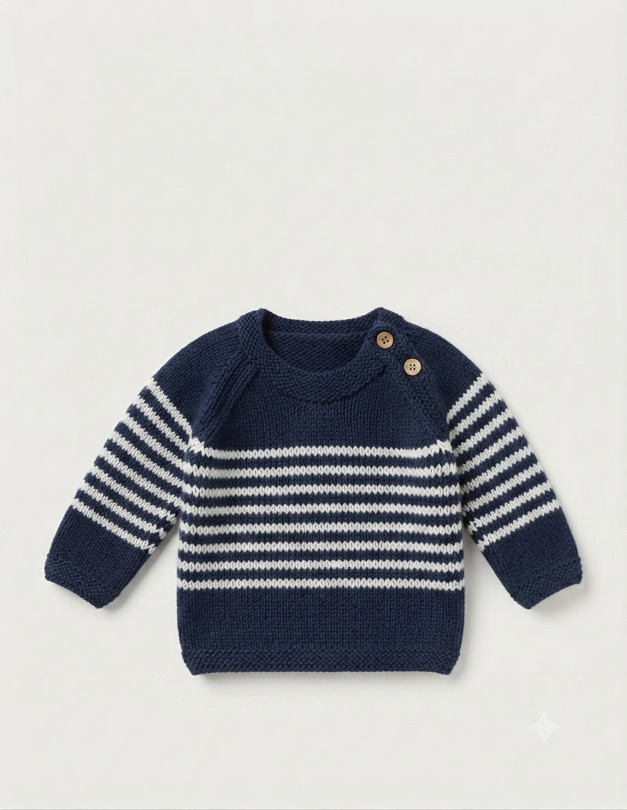 Easy Knit Babies Toddlers Striped Raglan Jumper & Hat -Button shoulder Knitting Pattern- 17"- 20" (6 m 24 m) DK (8ply)