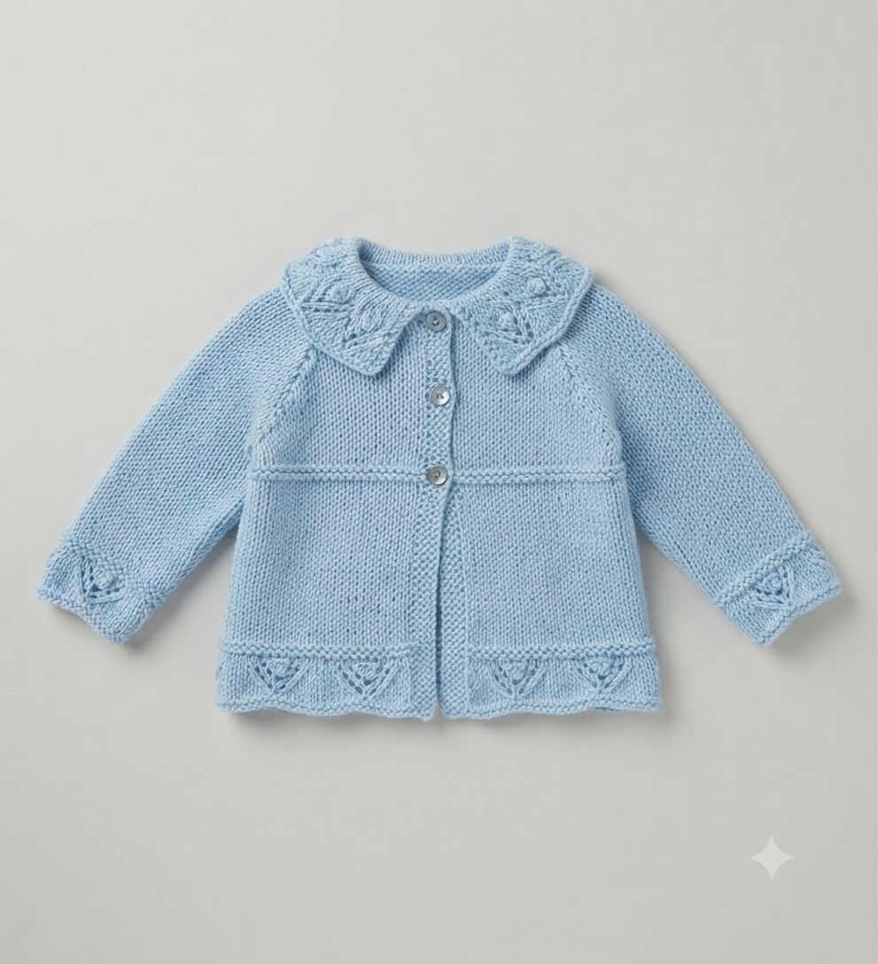 Girl's Cardigan frilled Eyelet  hem Plain neck or Collar Raglan sleeves 16" - 26" ( 0-7yrs) DK 8Ply Light worsted Knitting pattern PDF
