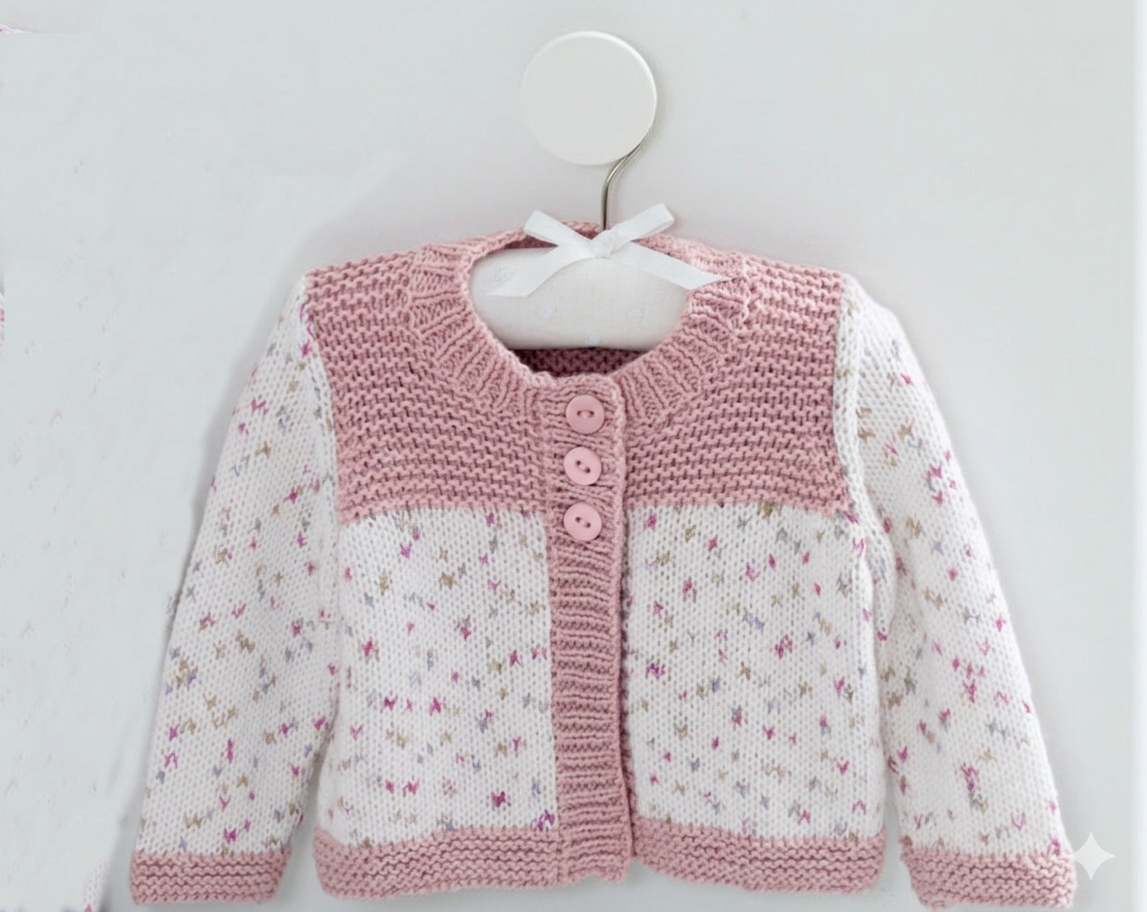 Baby Cardigan Knitting Pattern DK Long & Cap Sleeves 14–22 Inch Chest