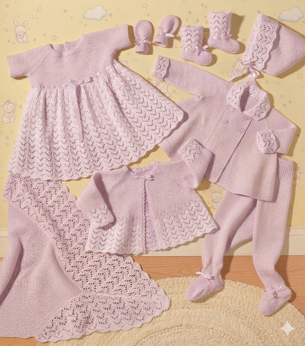 Baby Christening Set Knitting Pattern – vintage Layette  3 ply fingering heirloom Knit