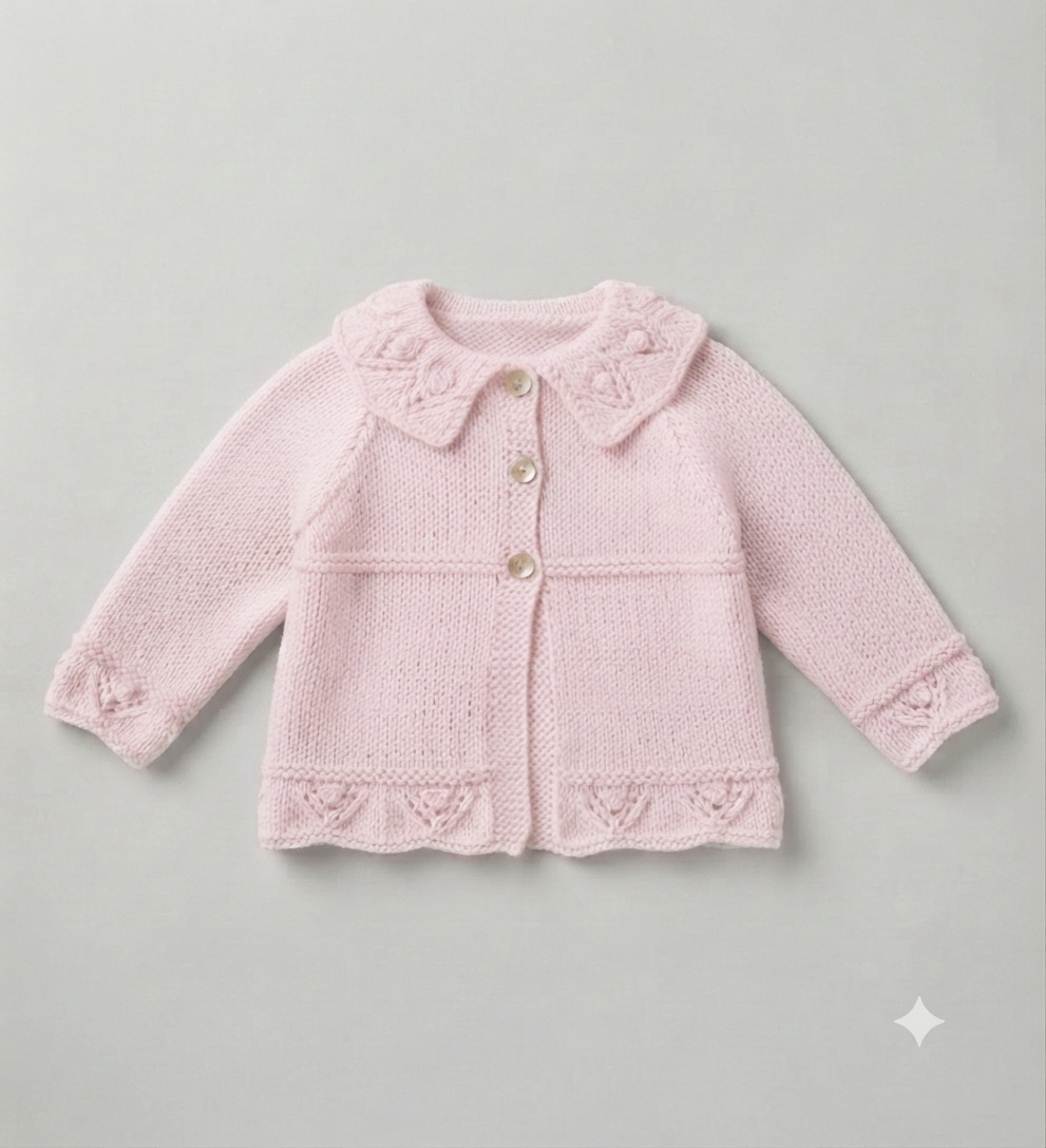 Girl's Cardigan frilled Eyelet  hem Plain neck or Collar Raglan sleeves 16" - 26" ( 0-7yrs) DK 8Ply Light worsted Knitting pattern PDF