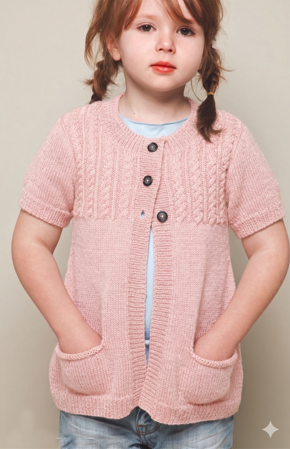 Girls Short Sleeve Cardigan Vest Knitting Pattern 5 Ply Ages 2–10 PDF
