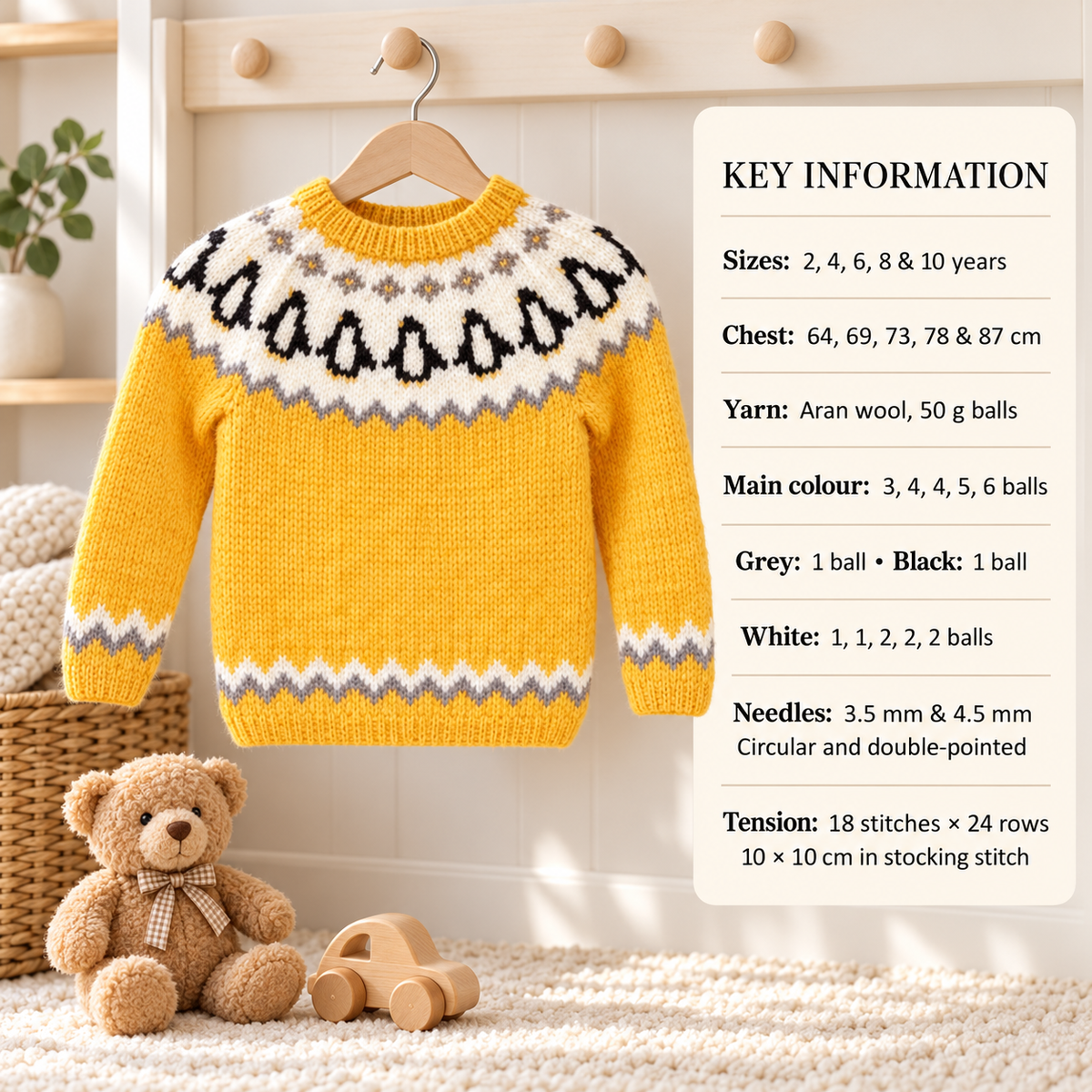 Childs Penguin Jumper age 2-10 years Lopi Icelandic Aran Knitting Pattern